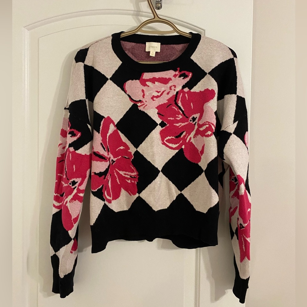 Cyrus Black and Pink Floral Argyle Sweater